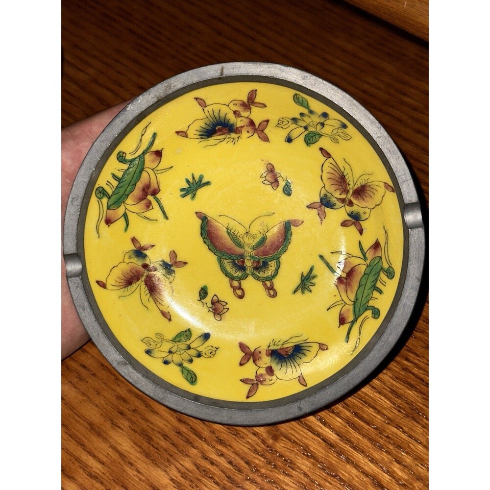 Vtg Japanese Porcelain ACF Butterfly & Flowers Ashtray Hand Painted Pewter Stand